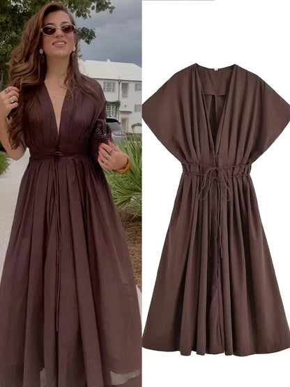 HH Women's Summer Fashion V-neck Lace-up Midi Short Sleeve Dress Female Elegant Backless Pleated Sexy Waist Long Dress