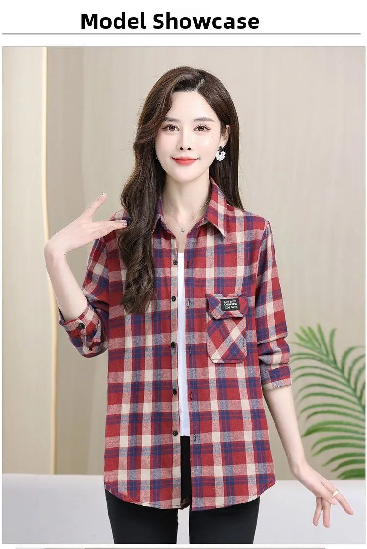 Loose Long Sleeve Mom Shirt Women's New Style Slimming Age-Defying Outerwear Versatile Early Autumn Plaid Outfit  Collar