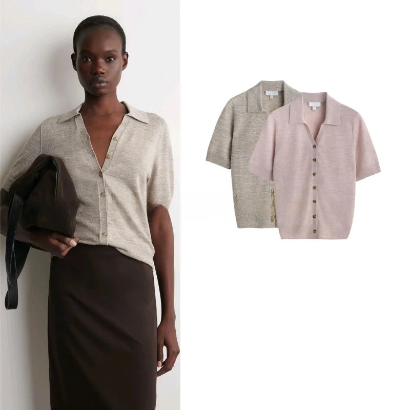 Spring New Women's Standard Fit Single Row Multi-Buckle Ribbed  Turn-down Collar Short Sleeve  Shirt Casual Business