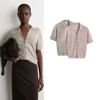 Spring New Women's Standard Fit Single Row Multi-Buckle Ribbed  Turn-down Collar Short Sleeve  Shirt Casual Business