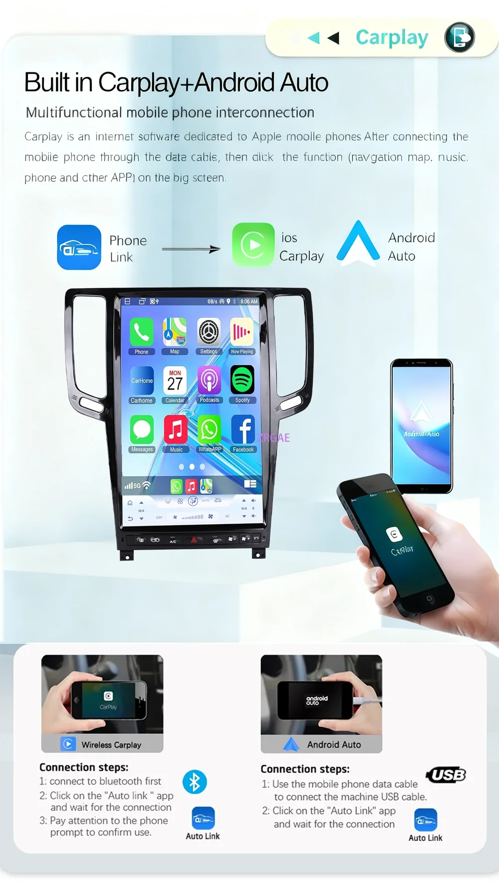 14.5” Android15 For Infiniti G4 G25 G35 G37 2006-2013 Tesla Style GPS Navigation Car Multimedia Video Player Carplay Auto BT 4G