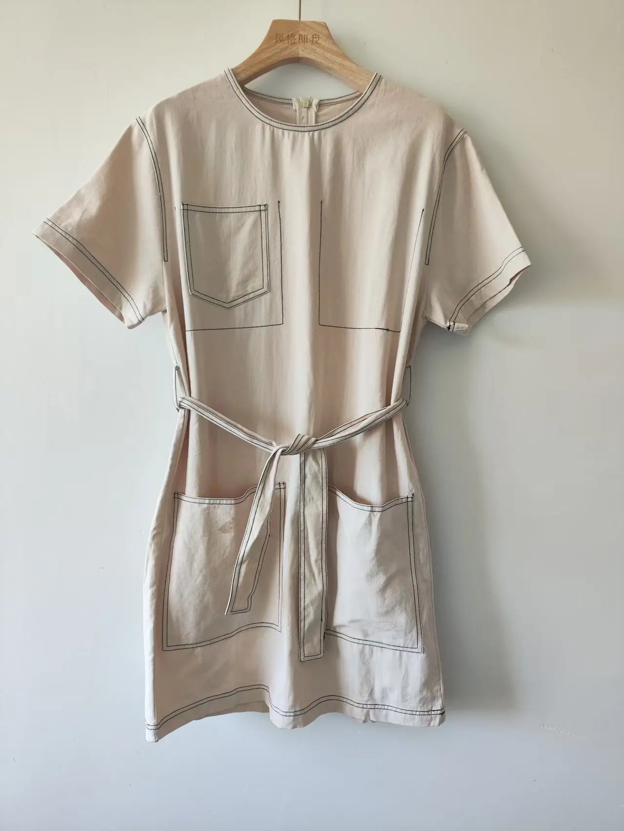 fenggejiwo women's casual pure cotton crew neck dress with waist tie dress