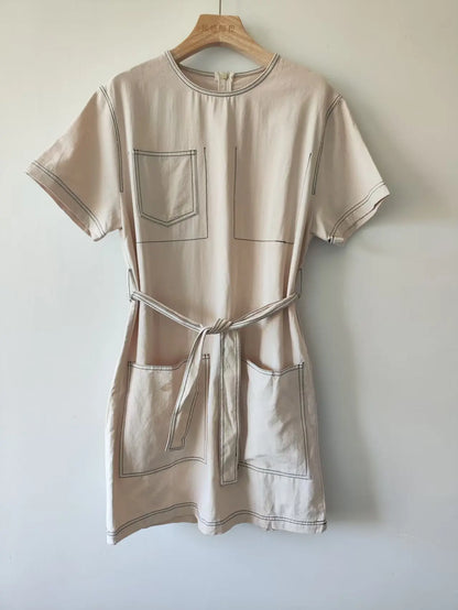 fenggejiwo women's casual pure cotton crew neck dress with waist tie dress
