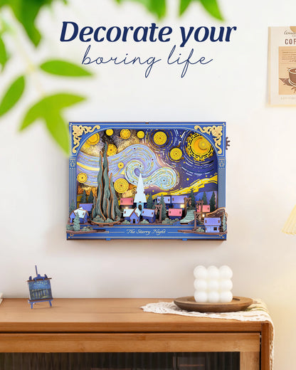 Robotime The Starry Night Wall Art Moving 3D Wooden Puzzle with LED Light Gears Interactive Desk Decor Unique DIY Gift for Adult