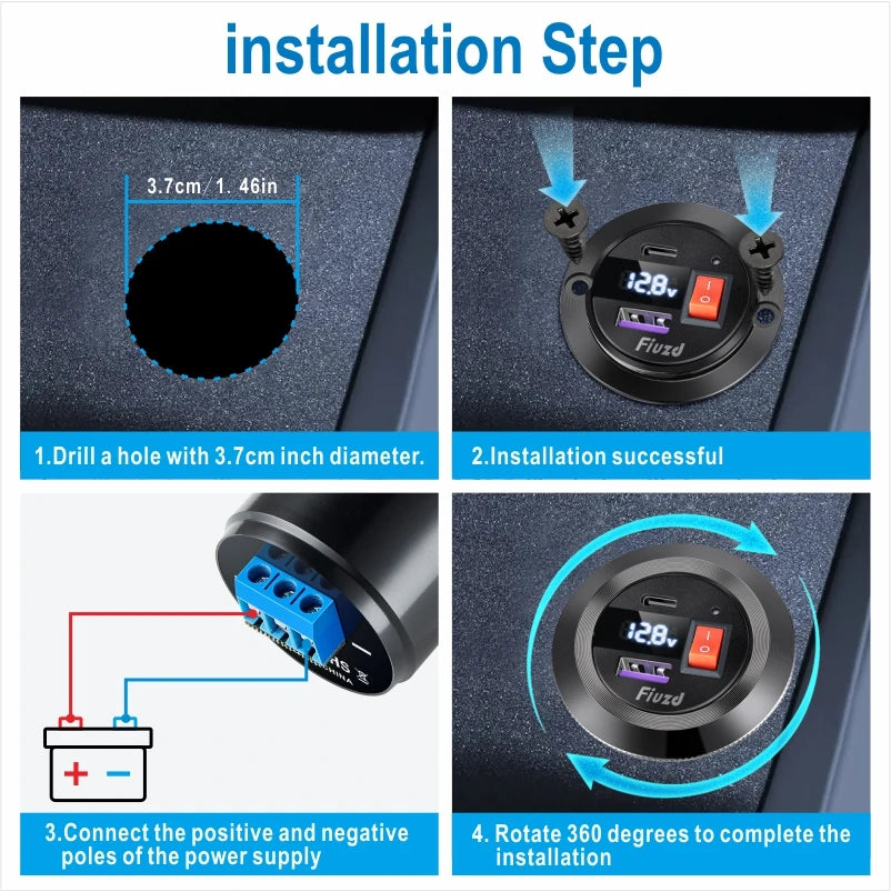 Car Charger Socket PD3.0 & QC3.0 Double USB C Ports with LED Switch 54W Fast Charging 12V/24V For Moto Adapter
