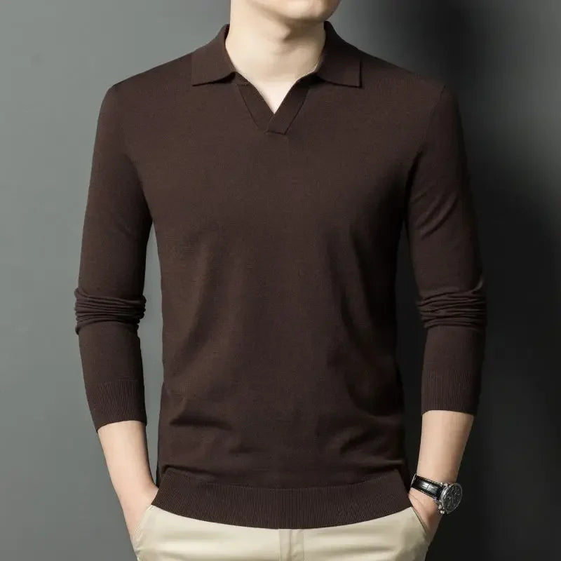 Men's Autumn & Winter Blouse Collar Knitted Pullover, Business Casual Slim-Fitting Wool Textile Sweater, Gentleman Polo Shirt