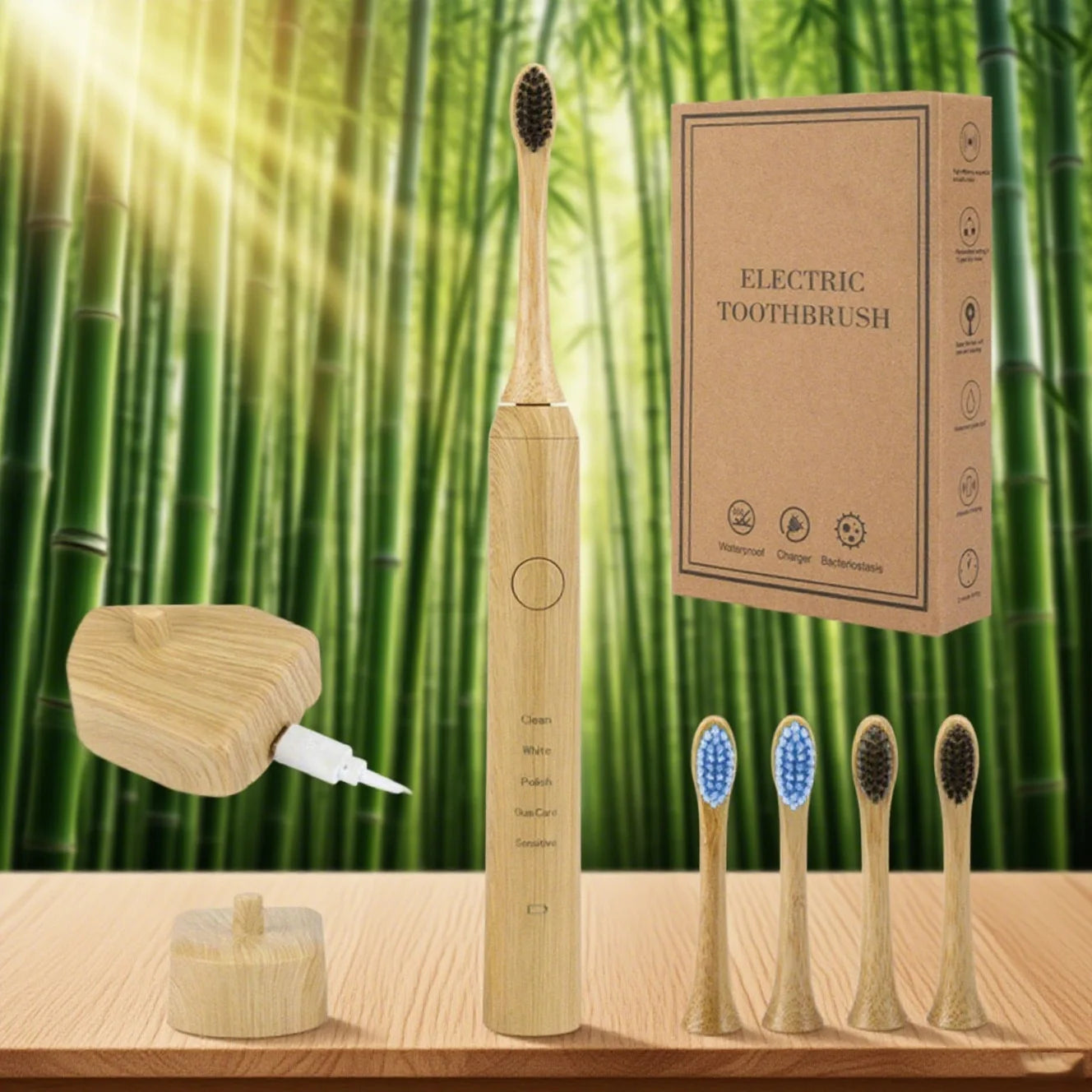Sonic Electric Toothbrush Eco-friendly Bamboo Smart 5 Mode USB Fast Charge IPX7 Waterproof Soft Home Teeth Whitening Gift Set
