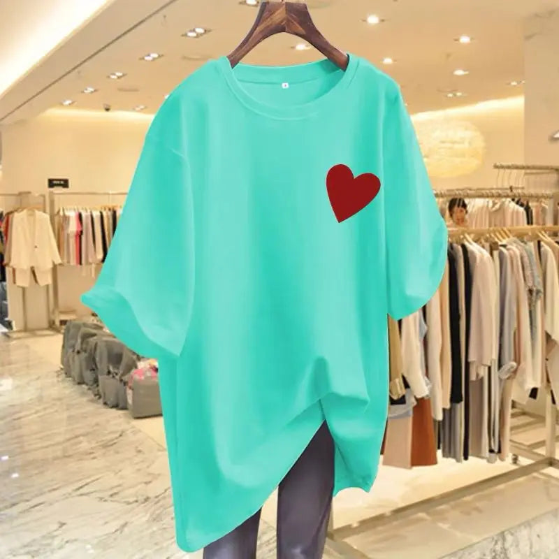 Women Fashion Pure Cotton Love Printing T-shirts Summer Casual Versatile O-neck Short Sleeve Top Tee Office Lady Basic Pullovers