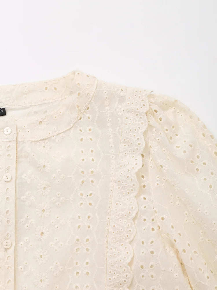 European and American Style 2026 Summer New Women's Sweet Round Neck Puffy Long Sleeve Hollow Embroidered Shirt Loose Top