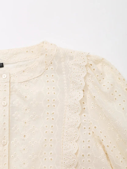 European and American Style 2026 Summer New Women's Sweet Round Neck Puffy Long Sleeve Hollow Embroidered Shirt Loose Top