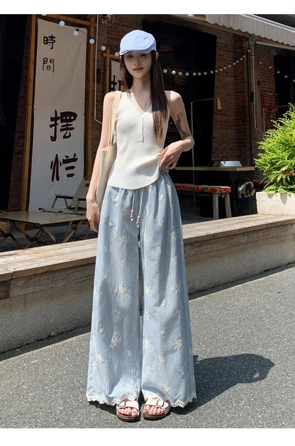Vintage Blue Striped Embroidered Wide-leg Pants Women's Summer 2026 High-waisted Lace Stitching Casual Straight Trousers Popular