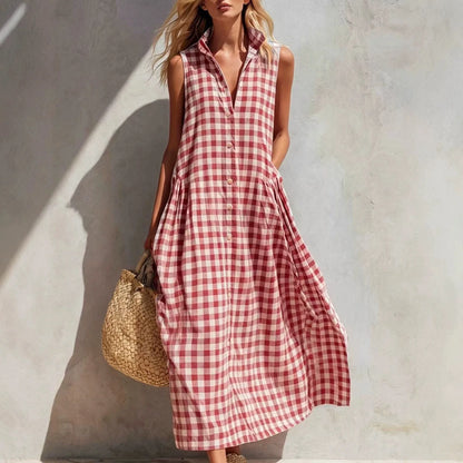 2026 Women Vintage Plaid Dress Sleeveless V-Neck Loose Midi Dresses French Retro Summer Beach Vacation Casual Chic Boho Sundress