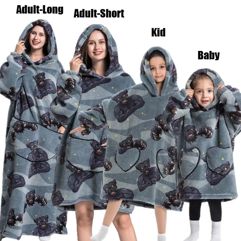 Halloween Family Matching Blanket Hoodies Women Cartoon Bear Dinosaur Sweatshirts Adult Oversized Warm Pullover Winter Clothes