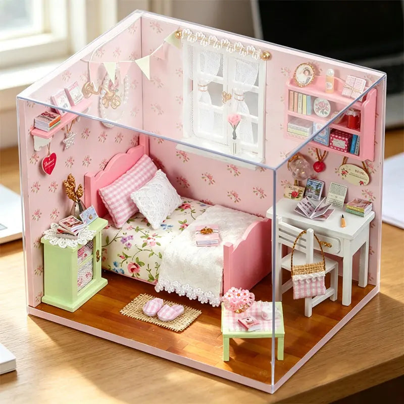 DIY Wooden Miniature Dollhouse Model Kits 3D Puzzle Doll Houses with Furniture Bedroom Handmade Assembly Toy for Birthday Gifts