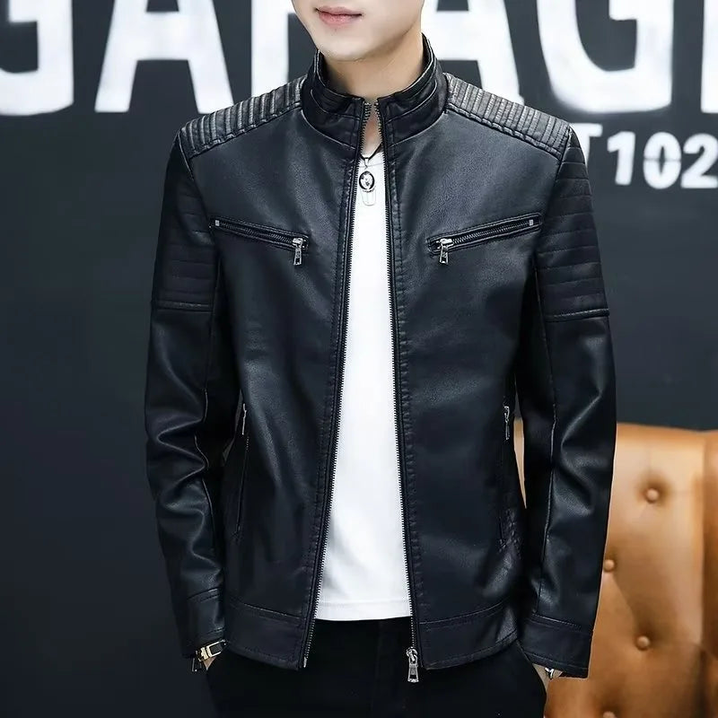 A Slim and Thickened Leather Jacket Men Casual Jacket for Motorcycles Trendy PU Winter Fashionable Leather Jacket Spring Autumn