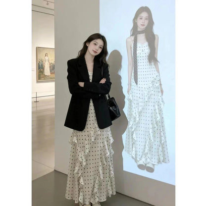 Black Suit And Polka Dot Dress Two-Piece Set for Women Early Spring Fashion Slimming Effect Ribbon Detail Long Sleeve Button-Up
