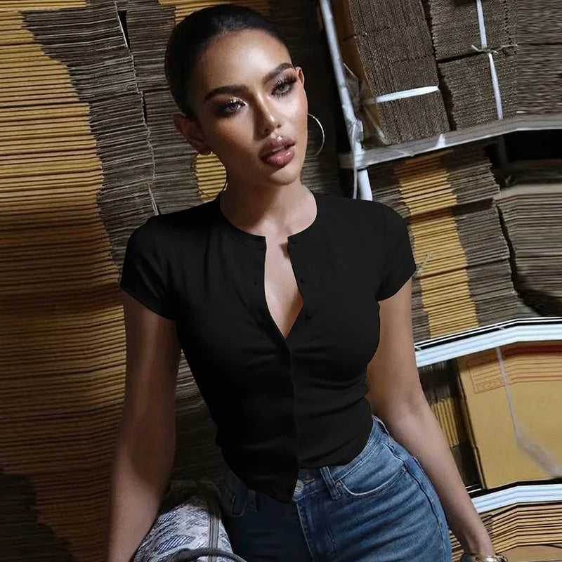 Tuularose Fashion New T-Shirt Women's Casual Solid Slim-Fit Crew Neck Cardigan T-Shirt Summer Office Lady Vacation Female Tops