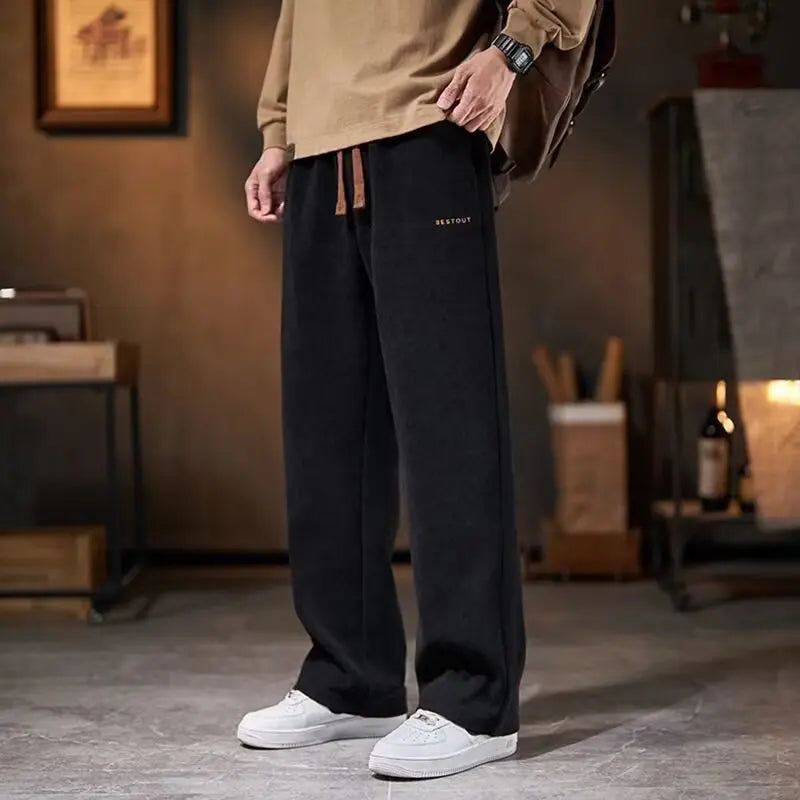 Men's Casual Thickened Fleece Lined Corduroy Straight Leg Loose Fit Autumn Winter Fashionable Brand Pants Leisure Trousers