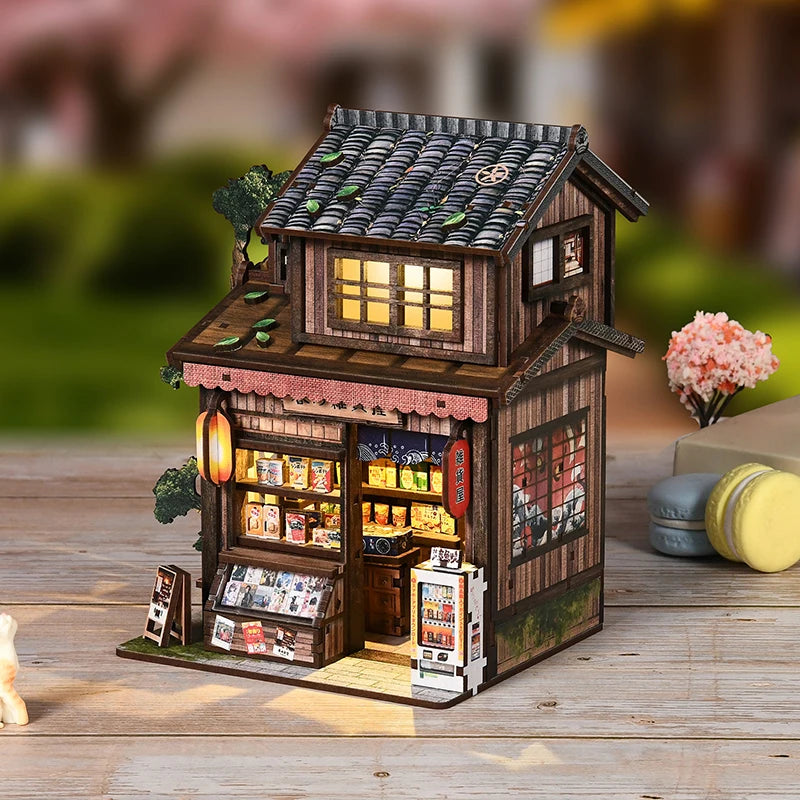 Zuuton DIY Japanese Grocery Store Miniature Dollhouse Kit 3D Wooden Puzzle Book Nook with LED Light Handmade Building Model Gift