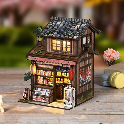 Zuuton DIY Japanese Grocery Store Miniature Dollhouse Kit 3D Wooden Puzzle Book Nook with LED Light Handmade Building Model Gift