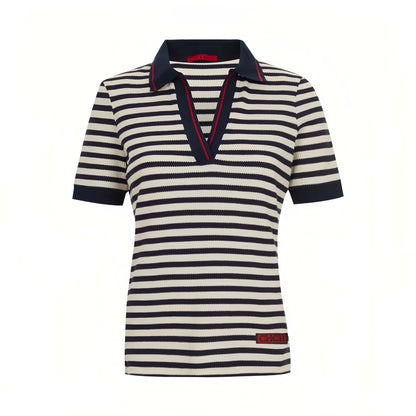 CHCH Fashion Stripe Knitted Polo Neck T Shirt For Women Soft Chic Short Sleeve Casual Pullovers 2025 Summer New Lady Street Tops