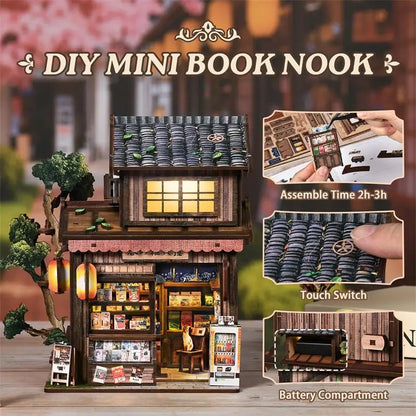 Zuuton DIY Japanese Grocery Store Miniature Dollhouse Kit 3D Wooden Puzzle Book Nook with LED Light Handmade Building Model Gift