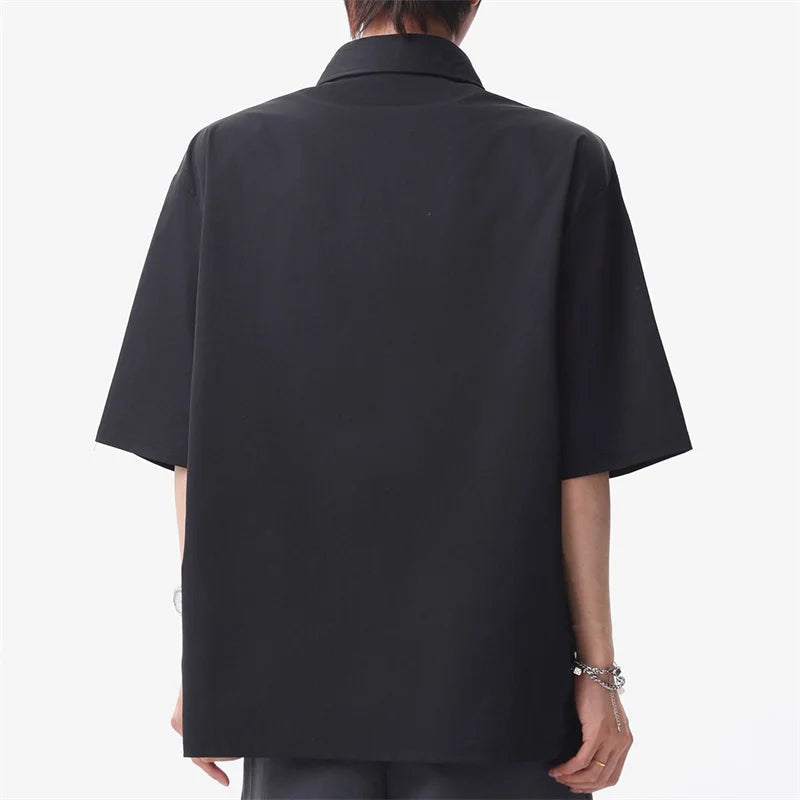 Summer Men's Metal Button Solid Color Lapel Polo Shirts Retro High Street Asymmetrical Oversized Tshirts Y2K Casual Fashion Tops