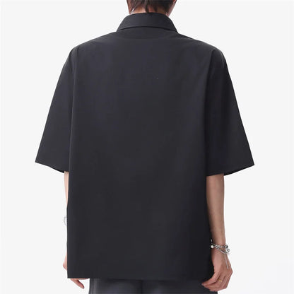 Summer Men's Metal Button Solid Color Lapel Polo Shirts Retro High Street Asymmetrical Oversized Tshirts Y2K Casual Fashion Tops