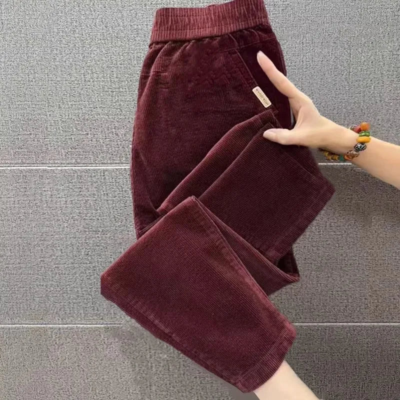 Autumn Winter Thickened Corduroy Casual Harlan Pants for Mom High Waist Loose Fit Straight Leg Casual Outerwear Polyester Fiber