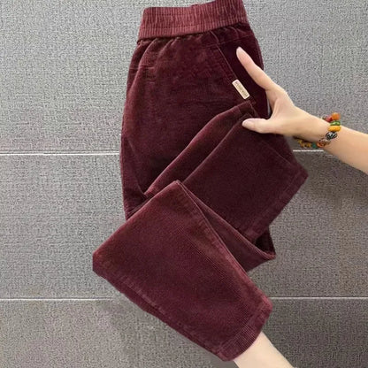 Autumn Winter Thickened Corduroy Casual Harlan Pants for Mom High Waist Loose Fit Straight Leg Casual Outerwear Polyester Fiber