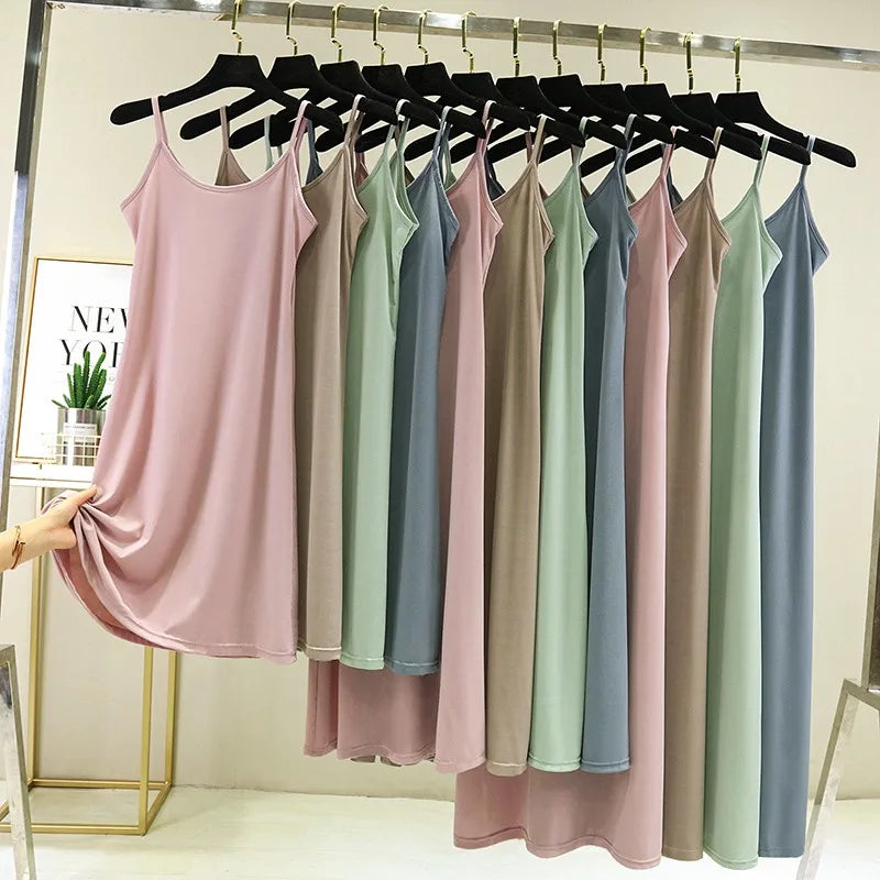 Summer Thin Ice Silk A-Line Dress Women's Casual Long Gown Inner Wear Vest Dress plus Size Korean Style Loose Waist Design