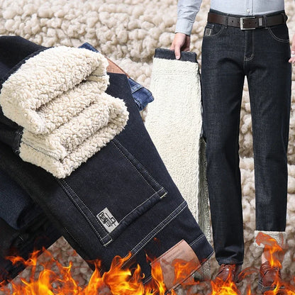 Winter Men's Fleece Jeans Classic Straight Casual Sherpa Thermal Trousers Thickened Warm Stretch Wool Velvet Denim Pants