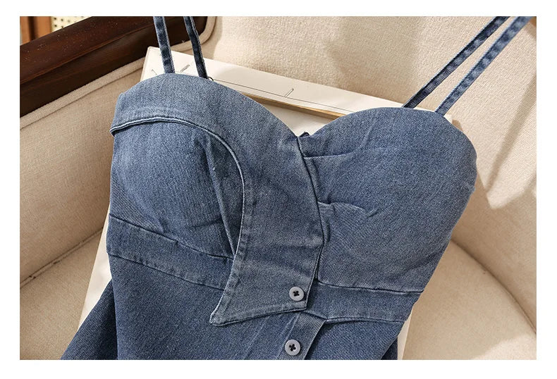 Irregular Halter Neck Denim Crop Top Women Summer Outdoor Wear with Chest Pad Slimming Sexy Girl Shirt Short Length Zipper