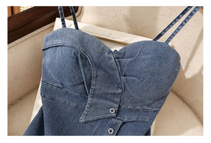 Irregular Halter Neck Denim Crop Top Women Summer Outdoor Wear with Chest Pad Slimming Sexy Girl Shirt Short Length Zipper