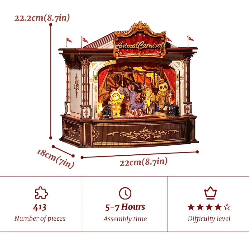CUTEBEE Animal Carnival DIY Music Box Kit Wooden 3D Puzzle Miniature Dollhouse Cute Animal Figures Handcrafted Model for Desk De