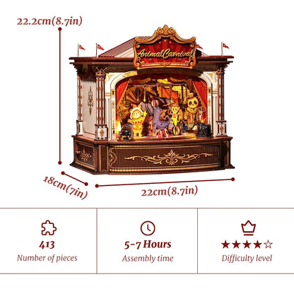 CUTEBEE Animal Carnival DIY Music Box Kit Wooden 3D Puzzle Miniature Dollhouse Cute Animal Figures Handcrafted Model for Desk De