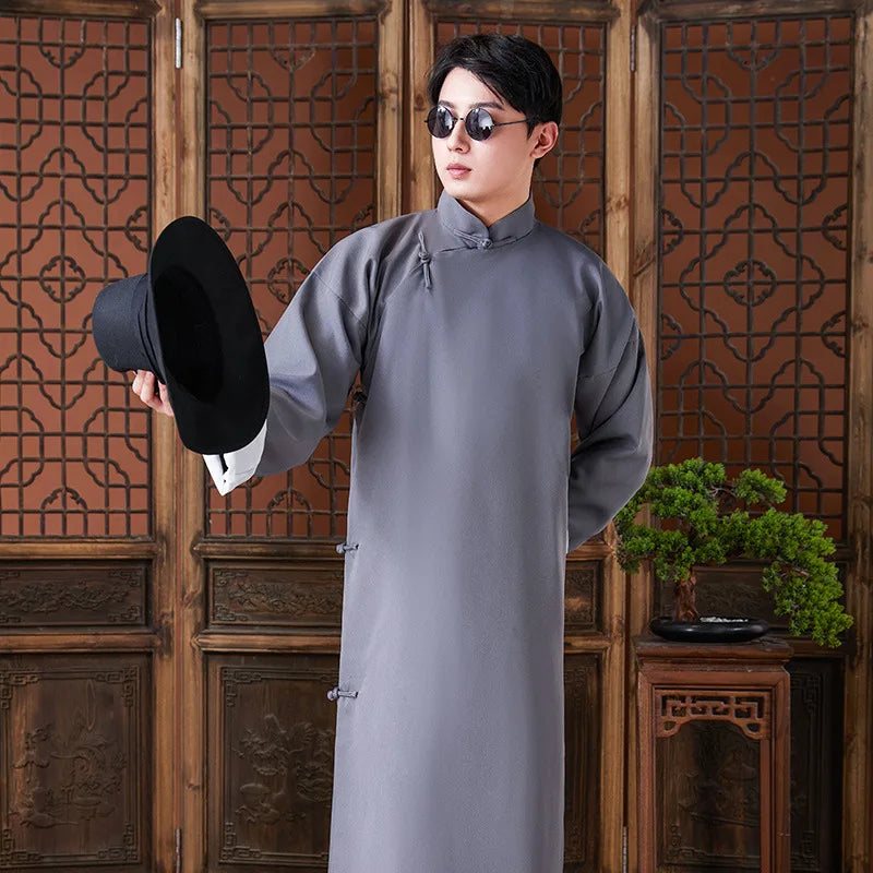 Men's Long Shirt Traditional Chinese Style Retro Fashion No Ironing Required  Groomsmen Suit Thin Shawl Collar