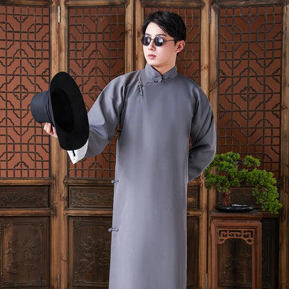 Men's Long Shirt Traditional Chinese Style Retro Fashion No Ironing Required  Groomsmen Suit Thin Shawl Collar