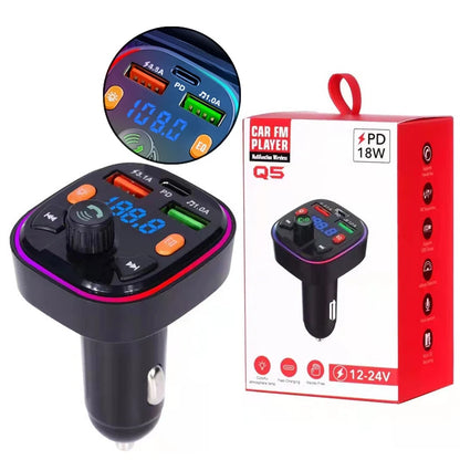 Car Bluetooth 5.0 FM Transmitter Audio Adapter RGB Colorful Light Triple Port PD Fast Charger And USB & One-Key Deep Bass Boost