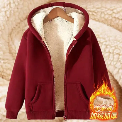 Lamb Velvet Hooded Sweatshirt Unisex Thickened Warm Loose Cardigan Outerwear for Autumn And Winter Polyester Fiber Zipper Clo...