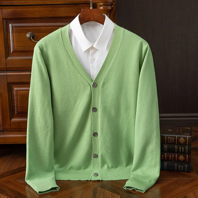 Autumn Winter V-neck Merino Wool Cardigan Men's Cashmere Knitwear Sweater Button Top Casual Basic Business Clothing Tops