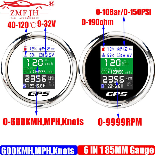 ZMFJH Digital 600KMH,MPH,Knots GPS Speedometer Gauge+Tachometer 9999RPM Fuel Level+Water Temp+Oil Pressure+Voltage Flash Alarm