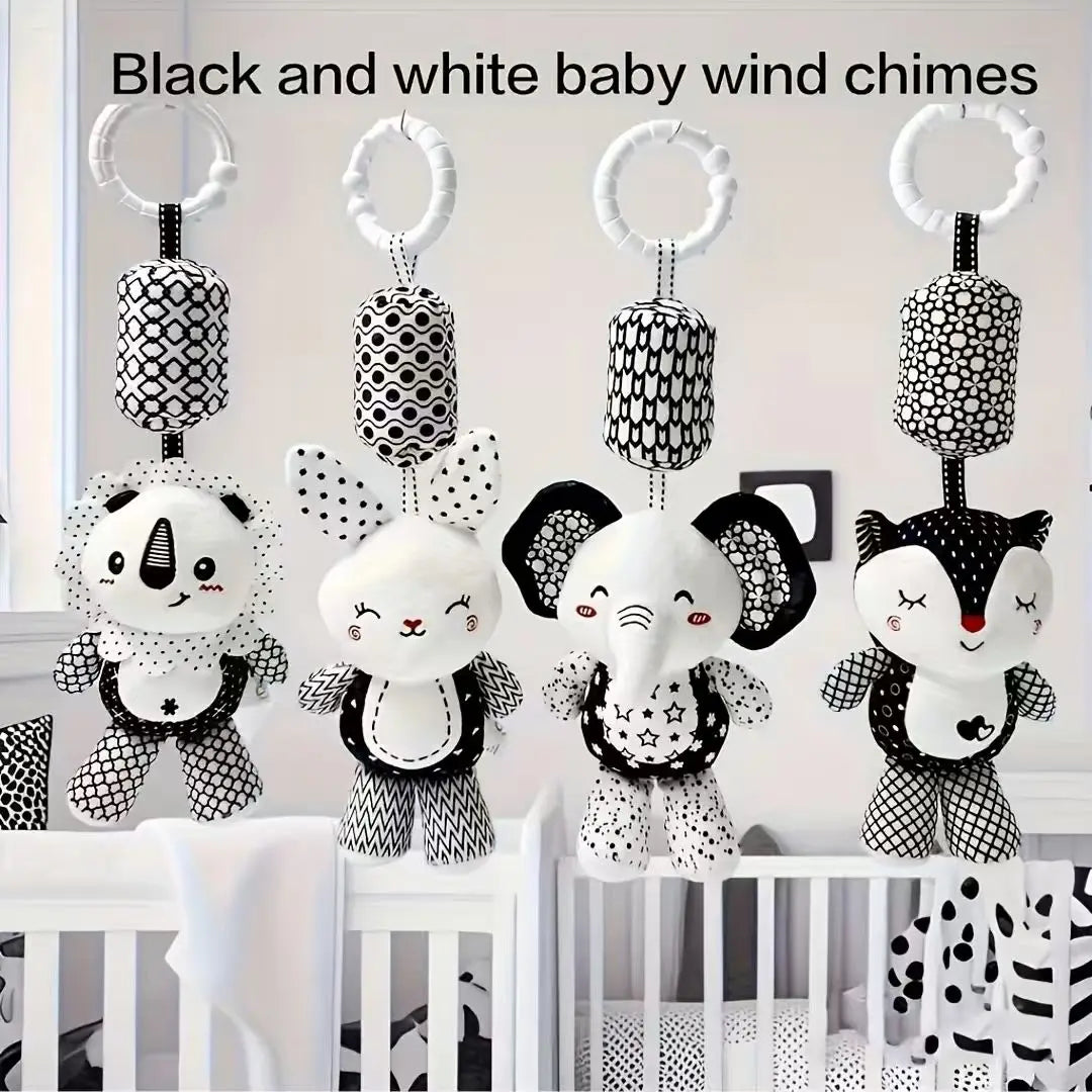 Portable Plush Baby Toy with Wind Chime and Rattle, Black White Design for Stroller Crib Hanging Decor, Safe Cute Newborn Gift
