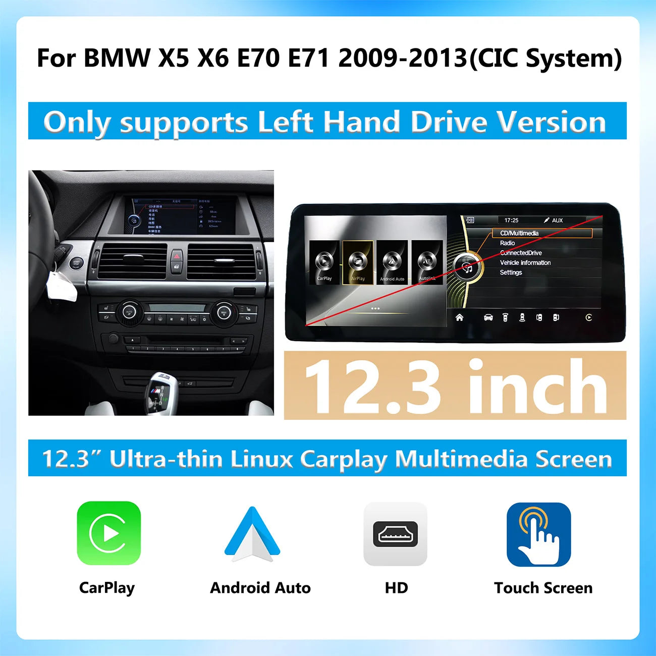 Wireless CarPlay Android Auto Display Multimedia Player For BMW X5 X6 F15 E70 E71 2009-2017 NBT CIC GPS Touch Screen 1920*720