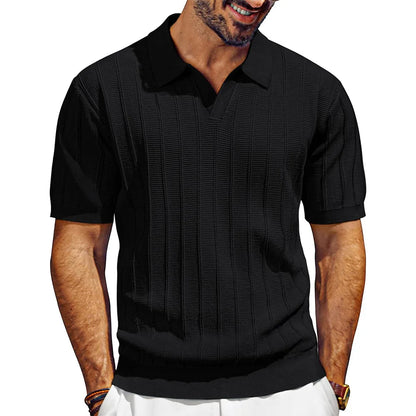 Men's Knit Polo Shirt Short Sleeve V Neck Ribbed Casual Summer Top 2026