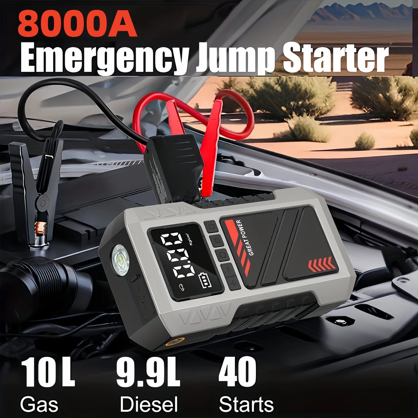 2-in-1 Car Battery Repair Kit (including 8000 ampere battery booster starter and 180 pound-force/square-inch air compressor)