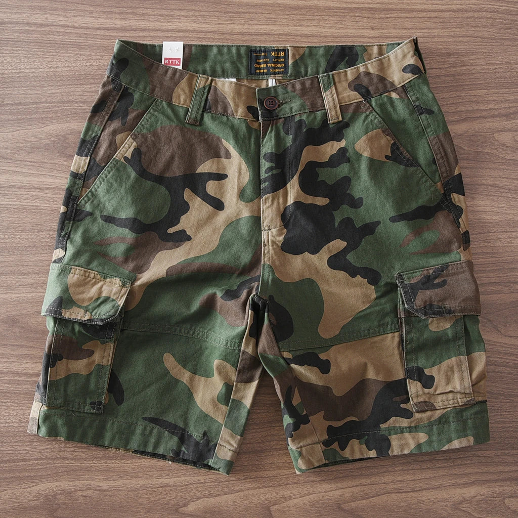 Summer New American Retro Camouflage Multi-pocket Casual Cargo Shorts Men's 100% Cotton Washed Youth Sports Knee Length Pants