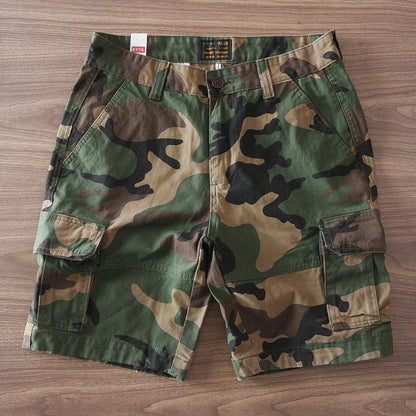 Summer New American Retro Camouflage Multi-pocket Casual Cargo Shorts Men's 100% Cotton Washed Youth Sports Knee Length Pants