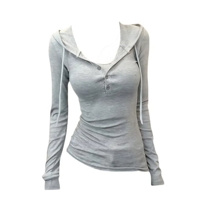 plus Size Women's Grey Long Sleeve Hoodie Slim Fit Base Shirt Korean Style Autumn New Arrival Fashionable Casual Top