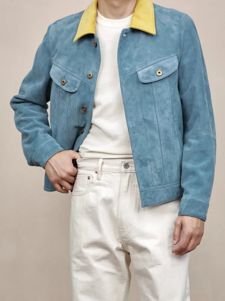 Leisure Lapel Single-Breasted Straight Men Genuine Leather Jacket Retro Solid Color Male Sheepskin Long Sleeves Outerwear